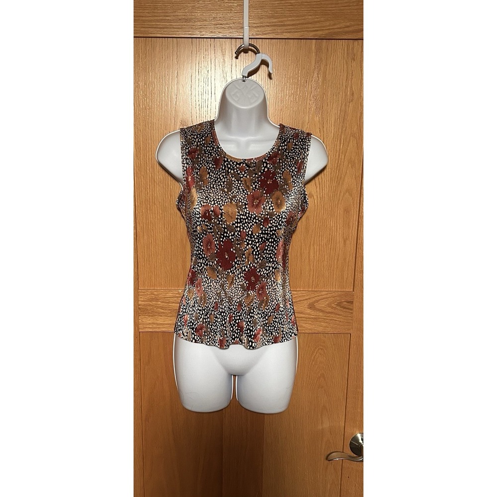 Vintage 90s Y2K Floral Animal Print Plisse Micro Pleated Sleeveless Tank‎ Top S